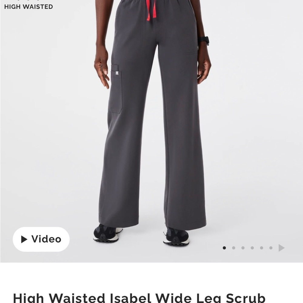 Figs High Waisted Isabel Wide Leg Scrub Pants - Gray with Red Drawstring.